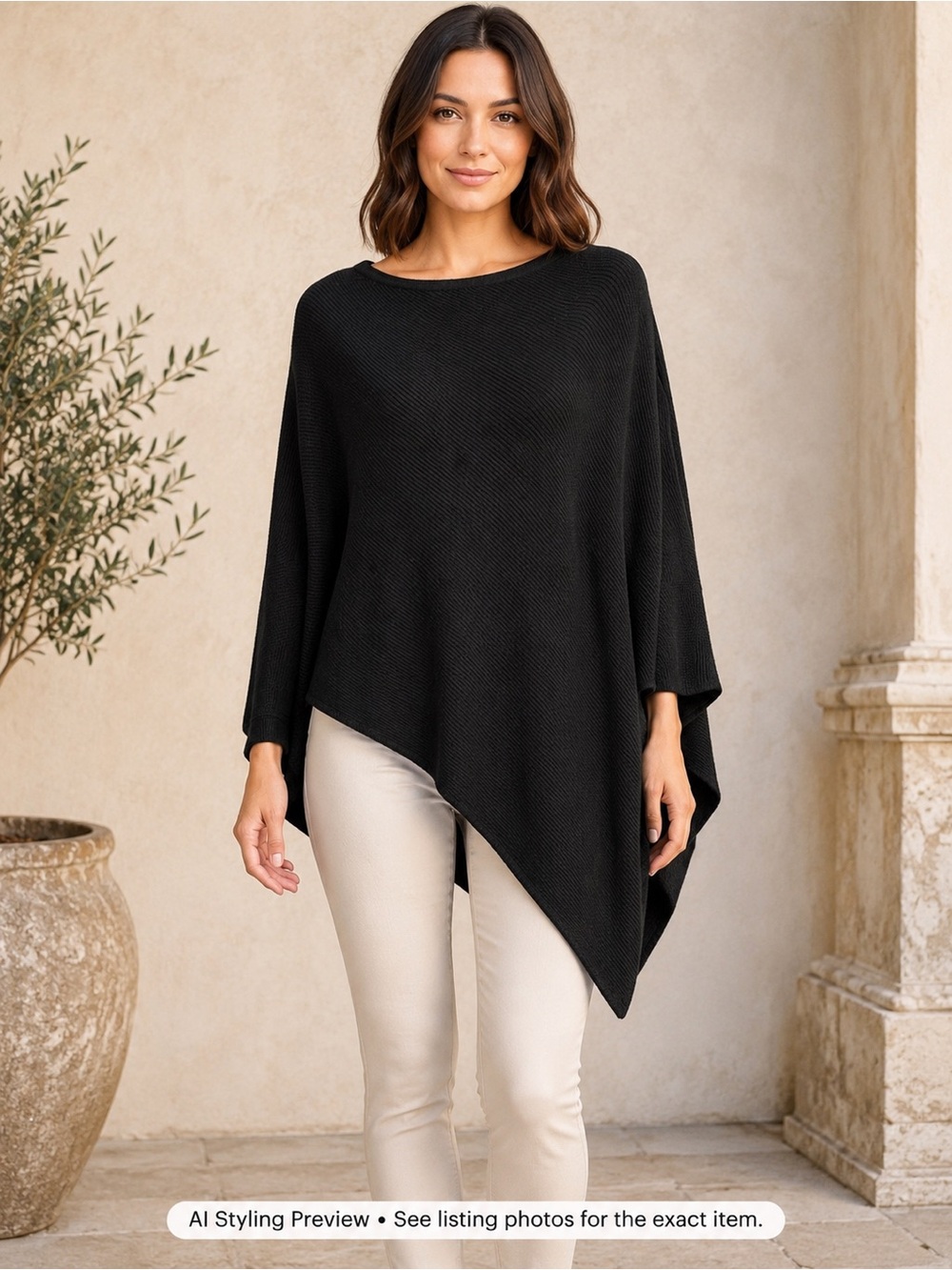 Olivaceous Cashmere Blend Asymmetrical Poncho Sweater Black Medium